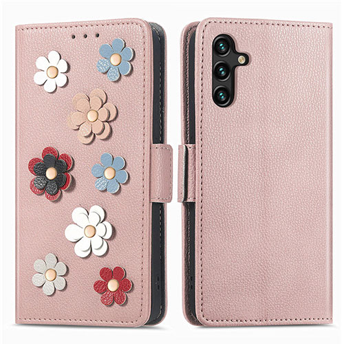 Leather Case Stands Flip Flowers Cover Holder S02D for Samsung Galaxy A04s Rose Gold