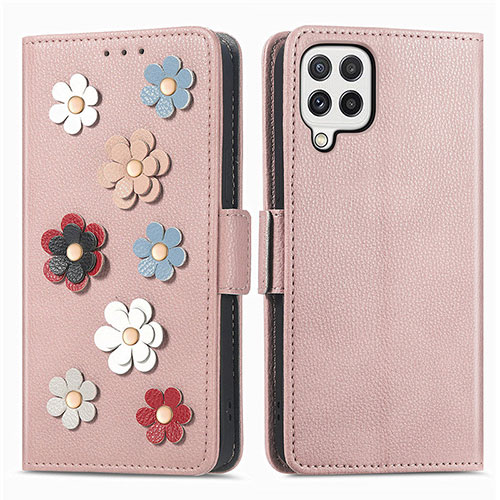 Leather Case Stands Flip Flowers Cover Holder S02D for Samsung Galaxy A22 4G Rose Gold