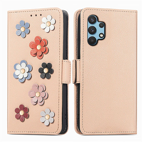 Leather Case Stands Flip Flowers Cover Holder S02D for Samsung Galaxy A32 4G Khaki