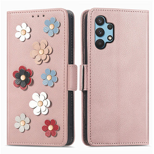 Leather Case Stands Flip Flowers Cover Holder S02D for Samsung Galaxy A32 5G Rose Gold