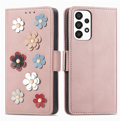 Leather Case Stands Flip Flowers Cover Holder S02D for Samsung Galaxy A33 5G Rose Gold