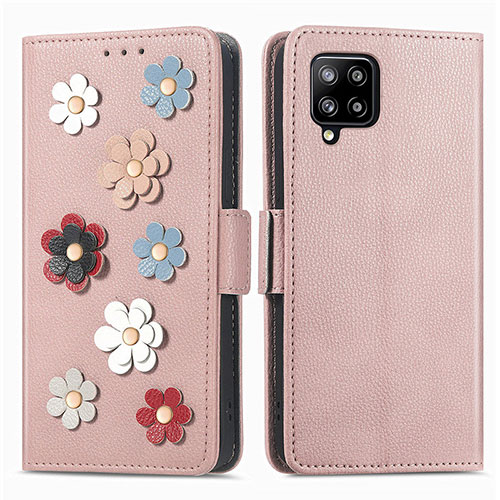 Leather Case Stands Flip Flowers Cover Holder S02D for Samsung Galaxy A42 5G Rose Gold