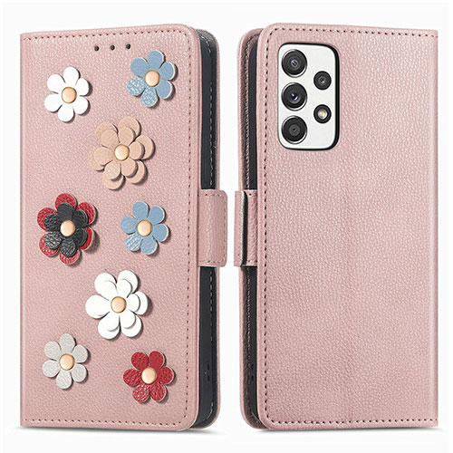 Leather Case Stands Flip Flowers Cover Holder S02D for Samsung Galaxy A52 4G Rose Gold