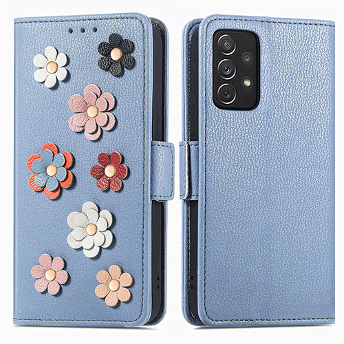 Leather Case Stands Flip Flowers Cover Holder S02D for Samsung Galaxy A72 4G Blue