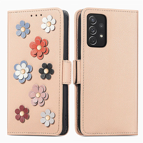 Leather Case Stands Flip Flowers Cover Holder S02D for Samsung Galaxy A72 5G Khaki