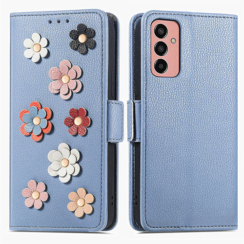 Leather Case Stands Flip Flowers Cover Holder S02D for Samsung Galaxy F13 4G Blue