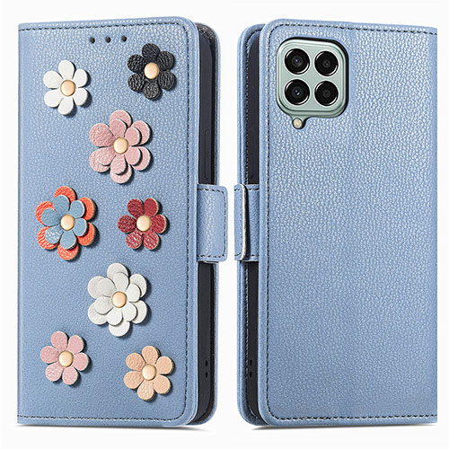 Leather Case Stands Flip Flowers Cover Holder S02D for Samsung Galaxy M33 5G Blue