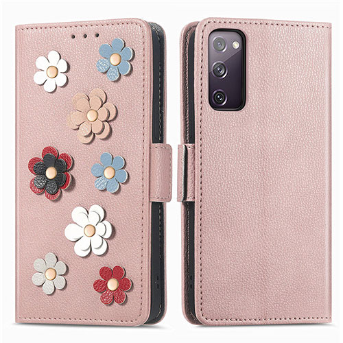 Leather Case Stands Flip Flowers Cover Holder S02D for Samsung Galaxy S20 FE (2022) 5G Rose Gold