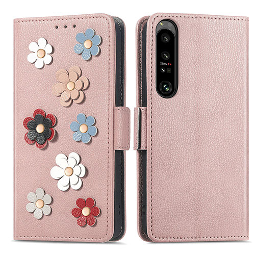 Leather Case Stands Flip Flowers Cover Holder S02D for Sony Xperia 1 IV Rose Gold