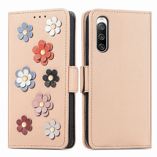 Leather Case Stands Flip Flowers Cover Holder S02D for Sony Xperia 10 IV SO-52C Khaki