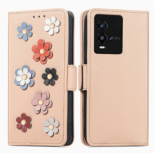 Leather Case Stands Flip Flowers Cover Holder S02D for Vivo iQOO 10 5G Khaki