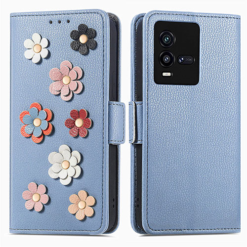 Leather Case Stands Flip Flowers Cover Holder S02D for Vivo iQOO 9T 5G Blue