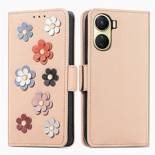 Leather Case Stands Flip Flowers Cover Holder S02D for Vivo Y16 Khaki