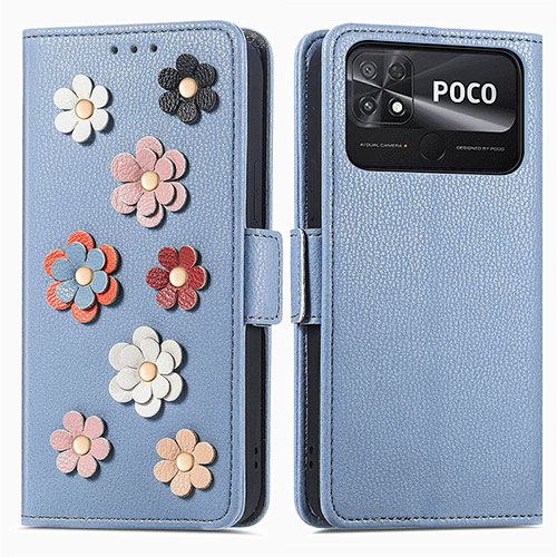 Leather Case Stands Flip Flowers Cover Holder S02D for Xiaomi Poco C40 Blue