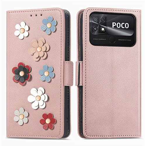 Leather Case Stands Flip Flowers Cover Holder S02D for Xiaomi Poco C40 Rose Gold
