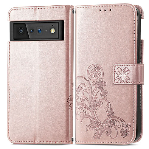 Leather Case Stands Flip Flowers Cover Holder S03D for Google Pixel 6 5G Rose Gold