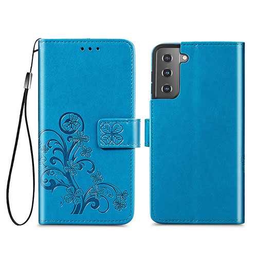 Leather Case Stands Flip Flowers Cover Holder S03D for Samsung Galaxy S21 Plus 5G Blue