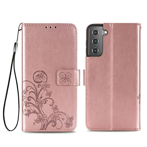 Leather Case Stands Flip Flowers Cover Holder S03D for Samsung Galaxy S21 Plus 5G Pink