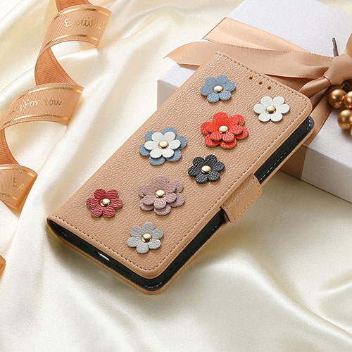 Leather Case Stands Flip Flowers Cover Holder S04D for Huawei Nova Y70 Khaki