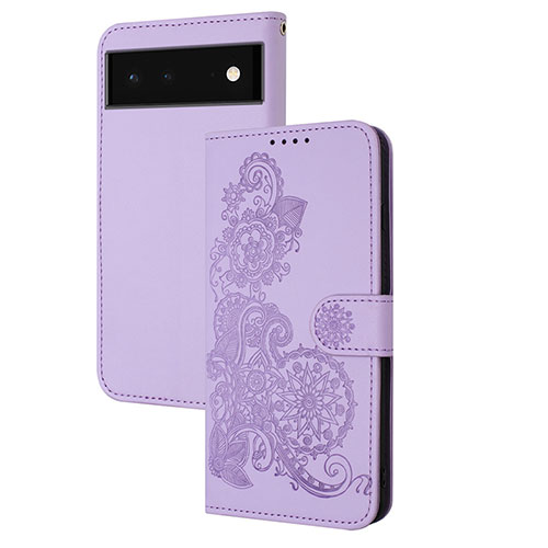 Leather Case Stands Flip Flowers Cover Holder Y01X for Google Pixel 6 Pro 5G Purple