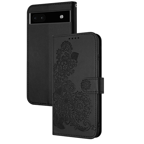 Leather Case Stands Flip Flowers Cover Holder Y01X for Google Pixel 6a 5G Black