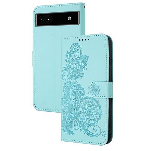 Leather Case Stands Flip Flowers Cover Holder Y01X for Google Pixel 6a 5G Mint Blue