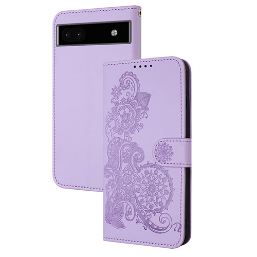 Leather Case Stands Flip Flowers Cover Holder Y01X for Google Pixel 6a 5G Purple