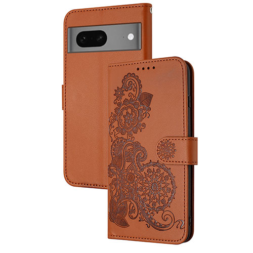 Leather Case Stands Flip Flowers Cover Holder Y01X for Google Pixel 7 5G Brown