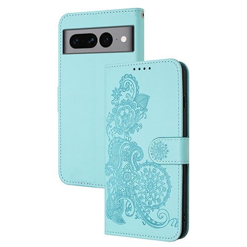 Leather Case Stands Flip Flowers Cover Holder Y01X for Google Pixel 7 Pro 5G Mint Blue