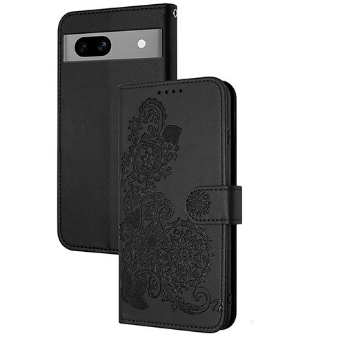 Leather Case Stands Flip Flowers Cover Holder Y01X for Google Pixel 7a 5G Black