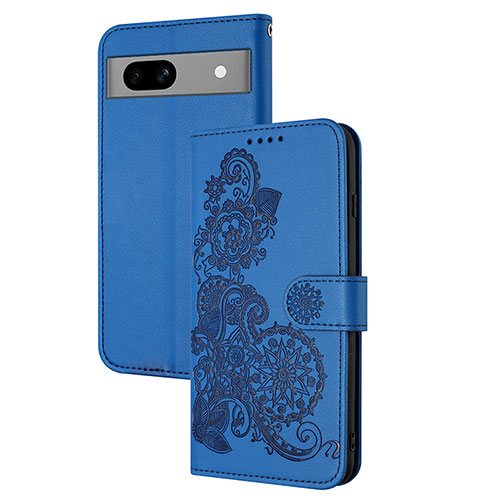 Leather Case Stands Flip Flowers Cover Holder Y01X for Google Pixel 7a 5G Blue