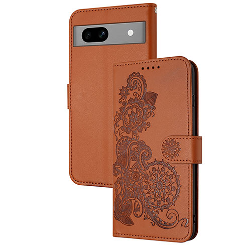 Leather Case Stands Flip Flowers Cover Holder Y01X for Google Pixel 7a 5G Brown