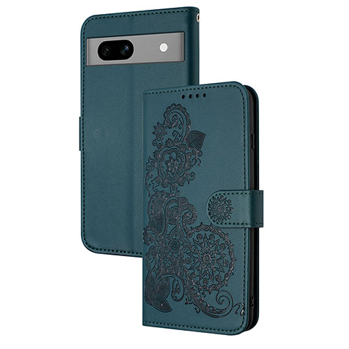 Leather Case Stands Flip Flowers Cover Holder Y01X for Google Pixel 7a 5G Green