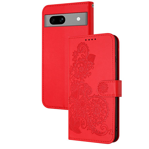 Leather Case Stands Flip Flowers Cover Holder Y01X for Google Pixel 7a 5G Red
