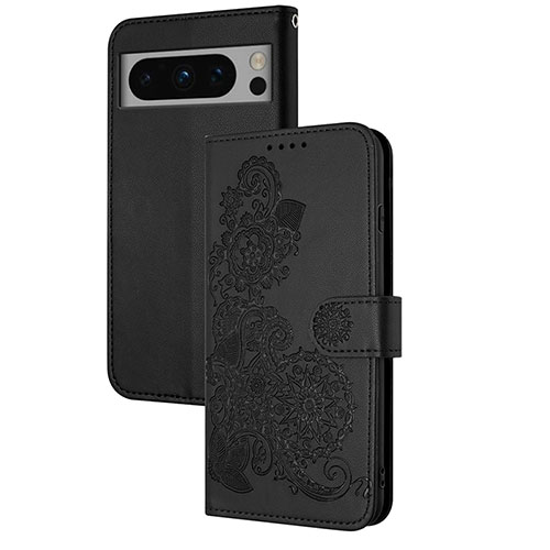 Leather Case Stands Flip Flowers Cover Holder Y01X for Google Pixel 8 5G Black