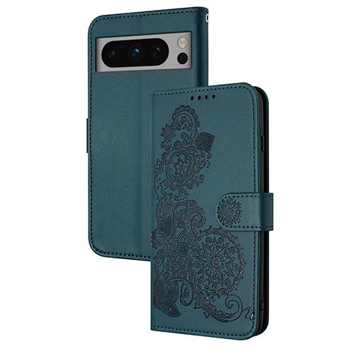 Leather Case Stands Flip Flowers Cover Holder Y01X for Google Pixel 8 5G Green