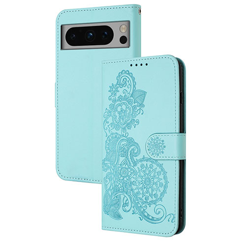 Leather Case Stands Flip Flowers Cover Holder Y01X for Google Pixel 8 5G Mint Blue