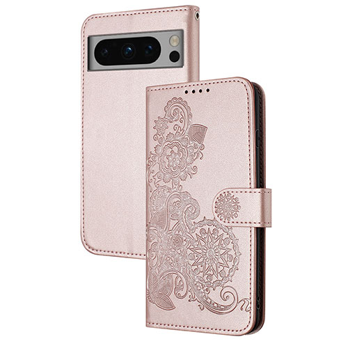 Leather Case Stands Flip Flowers Cover Holder Y01X for Google Pixel 8 5G Rose Gold