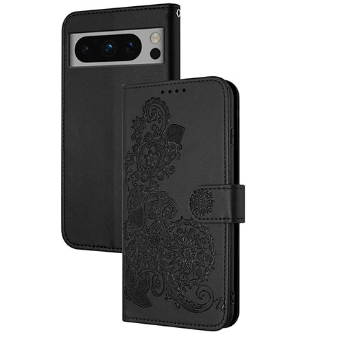 Leather Case Stands Flip Flowers Cover Holder Y01X for Google Pixel 8 Pro 5G Black