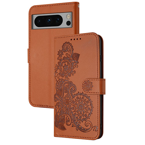 Leather Case Stands Flip Flowers Cover Holder Y01X for Google Pixel 8 Pro 5G Brown