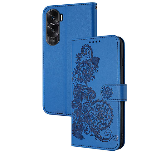 Leather Case Stands Flip Flowers Cover Holder Y01X for Huawei Honor 90 Lite 5G Blue