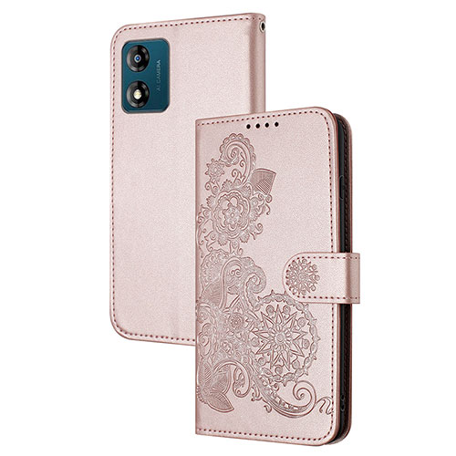 Leather Case Stands Flip Flowers Cover Holder Y01X for Motorola Moto E13 Rose Gold