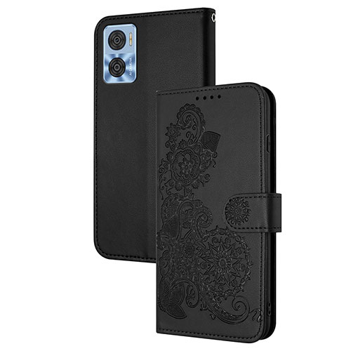 Leather Case Stands Flip Flowers Cover Holder Y01X for Motorola Moto E22 Black