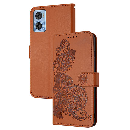 Leather Case Stands Flip Flowers Cover Holder Y01X for Motorola Moto E22 Brown