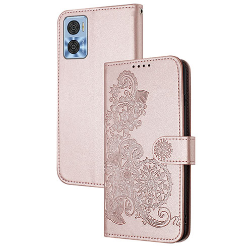 Leather Case Stands Flip Flowers Cover Holder Y01X for Motorola Moto E22 Rose Gold