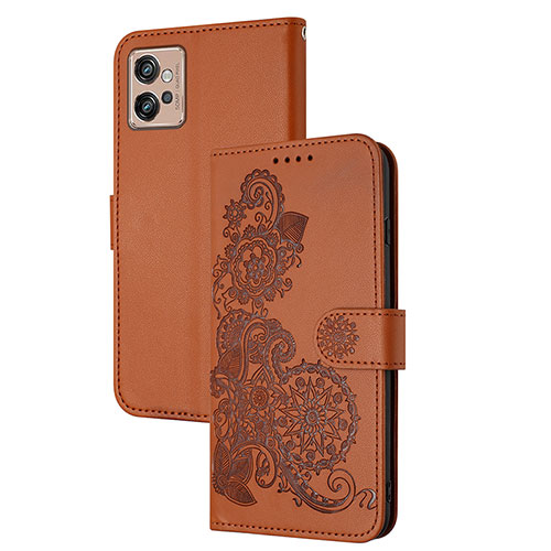 Leather Case Stands Flip Flowers Cover Holder Y01X for Motorola Moto G32 Brown