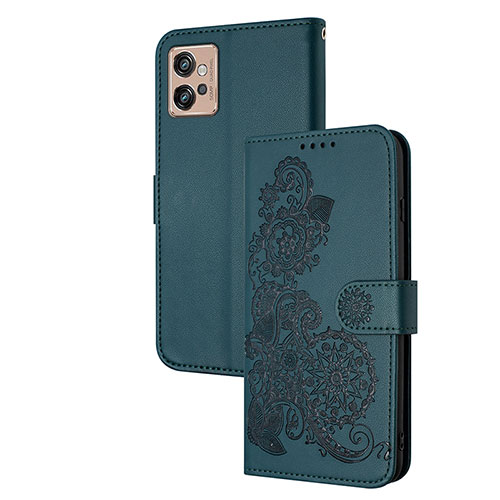 Leather Case Stands Flip Flowers Cover Holder Y01X for Motorola Moto G32 Green