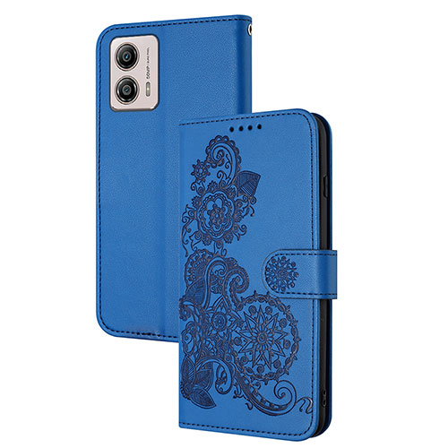 Leather Case Stands Flip Flowers Cover Holder Y01X for Motorola Moto G53j 5G Blue