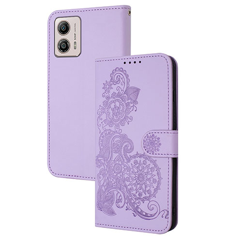 Leather Case Stands Flip Flowers Cover Holder Y01X for Motorola Moto G53j 5G Purple