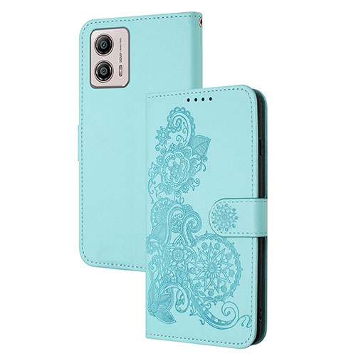 Leather Case Stands Flip Flowers Cover Holder Y01X for Motorola Moto G53y 5G Mint Blue